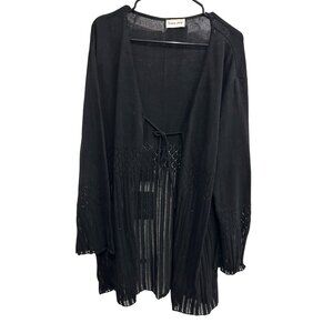 Victoria Holly Black Open Front Knit Cardigan Tie Closure Diamond Pattern Design